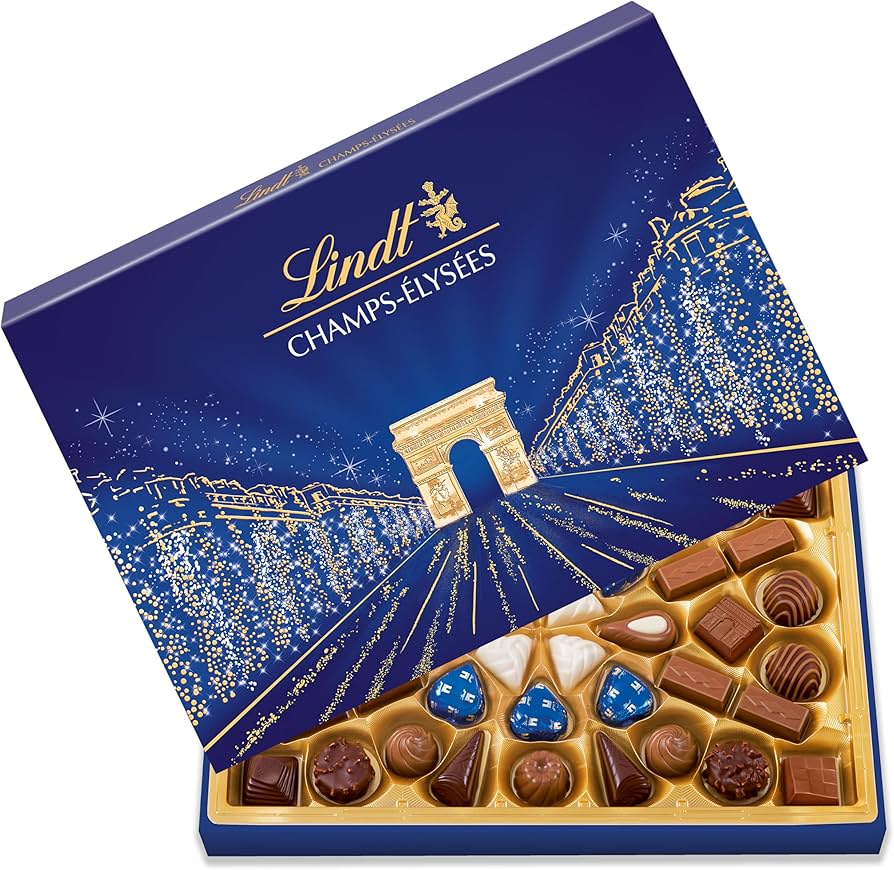 Lindt CHAMPS-ÉLYSÉES Assortiment de Chocolats au Lait, Noirs et Blancs - Pralinés, Croustillants et Onctueux  469gr