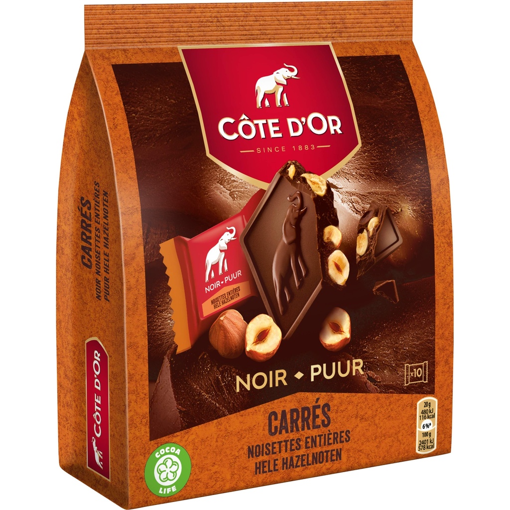 COTE D'OR Carrés de chocolat noir aux noisettes entières 10 pièces 200gr