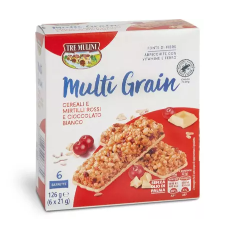 TRE MULINI Multigrain Bars with Grains, Cranberries, and White Chocolate 6*21g