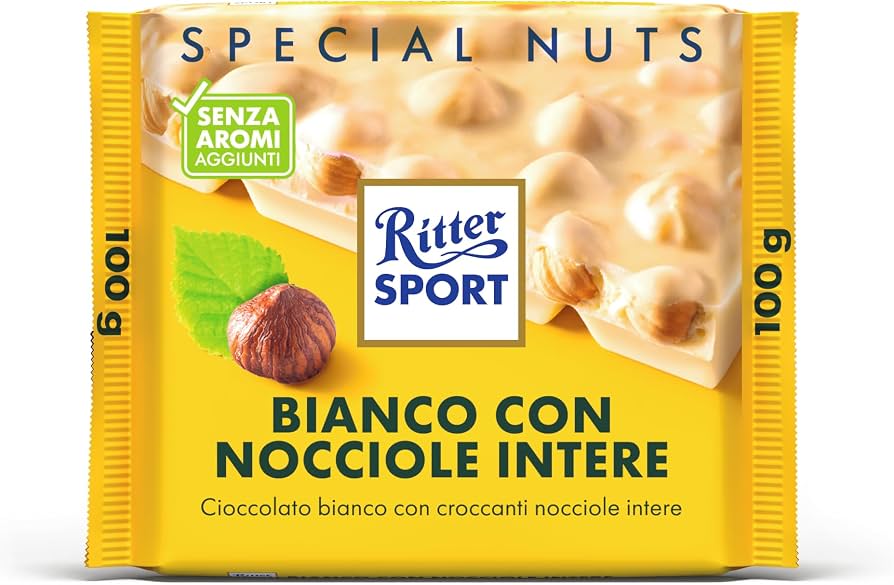 Ritter Sport  White chocolate with whole hazelnuts and puffed rice, 100% cocoa 100g